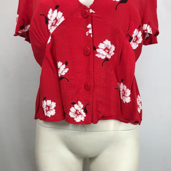 ZARA- WOMEN'S LARGE - RED FLORAL SHORT SLEEVE V NECK BUTTON UP TOP - Picture 3 of 7
